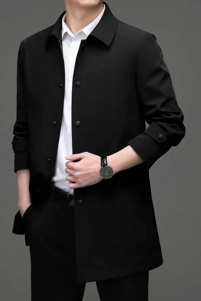 High quality Solid Trench Coats Mens Business Casual Fashion Wild Trench Turn-Down Collar Slim Trench Coat Male