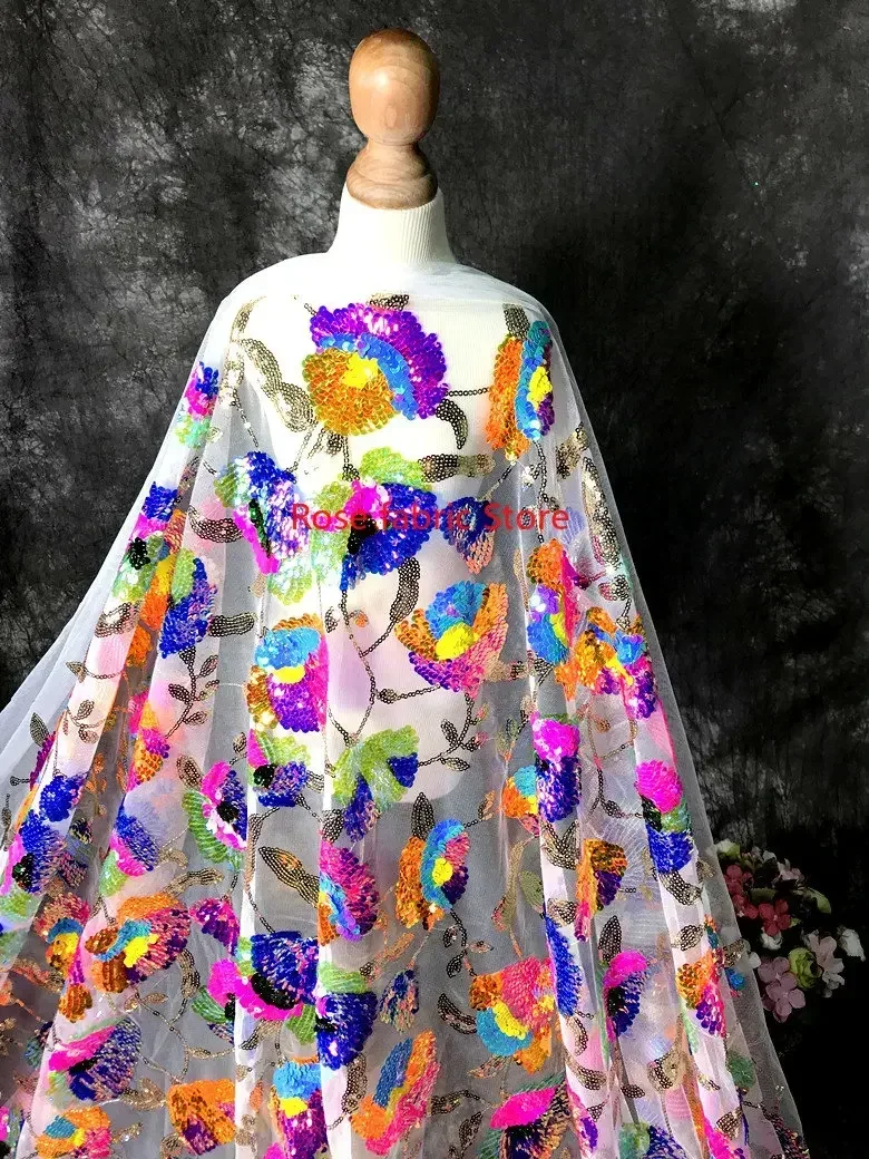 1 yards Colorful sequin flower embroidery lace fabric Sequined floral tulle for wedding dress girl dress senior dress 51" width