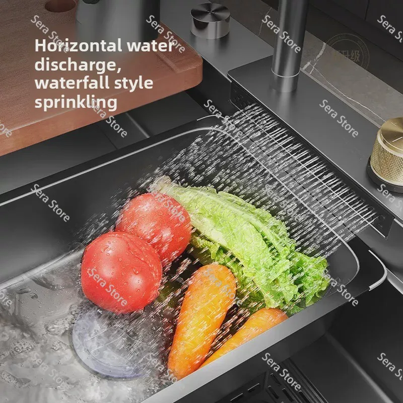 FY Black Stainless Steel Smart Waterfall Kitchen Sink Multifunctional Luxury Modern Large For Home Apartment