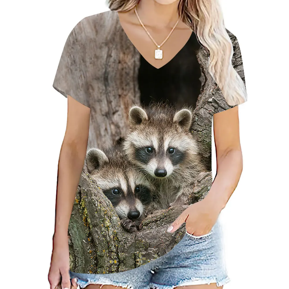 Animal Little Raccoon Squirrel 3D Print T-shirt Women Streetwear T Shirts Y2k Tops Woman Harajuku V-Neck Tees Oversized Clothing