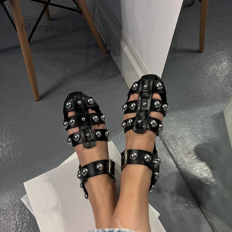 Rivet Flats Women's Sandals Black Leather Hollow Summer Roman Sandals Daily Beach Shoes Summer Fashion Buckle Strap Shoes