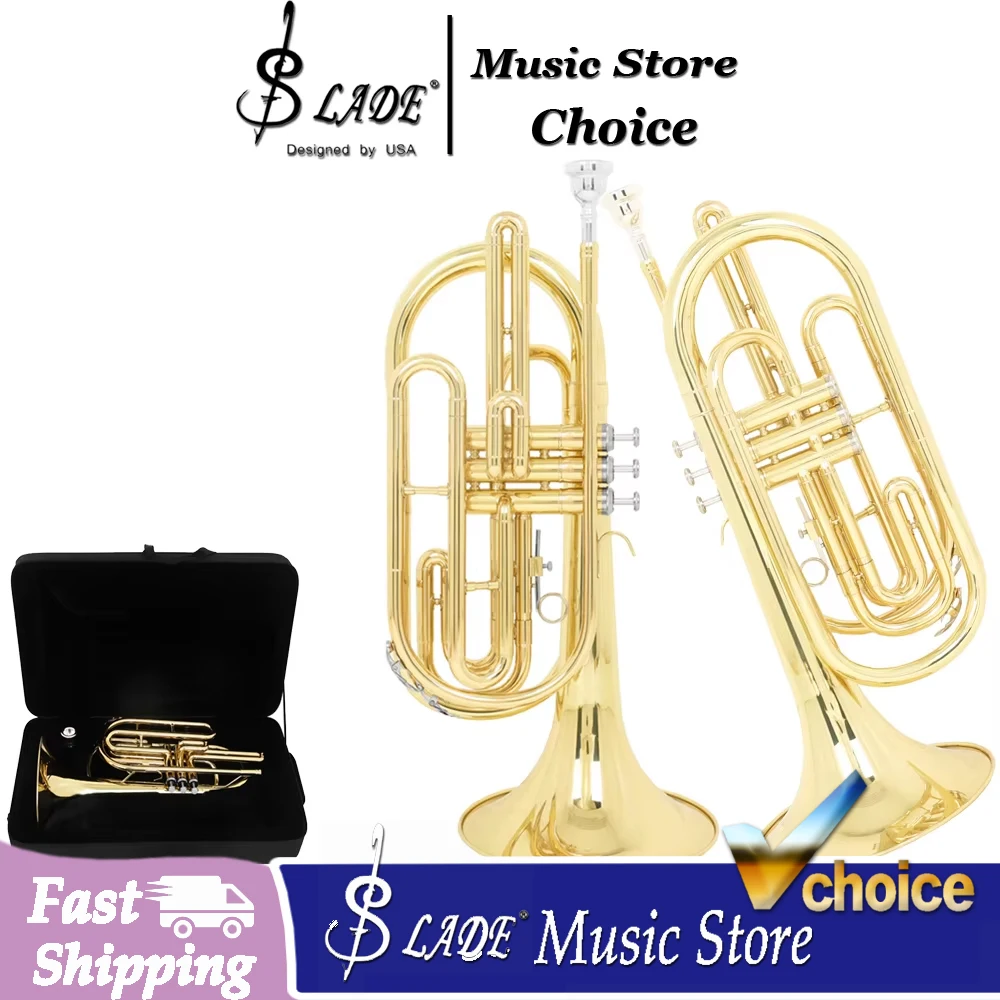 SLADE Bb Flat Marching French Horn Brass Keyed Mellophone Vertical French Horn Brass Instrument for Marching Band & Orchestra