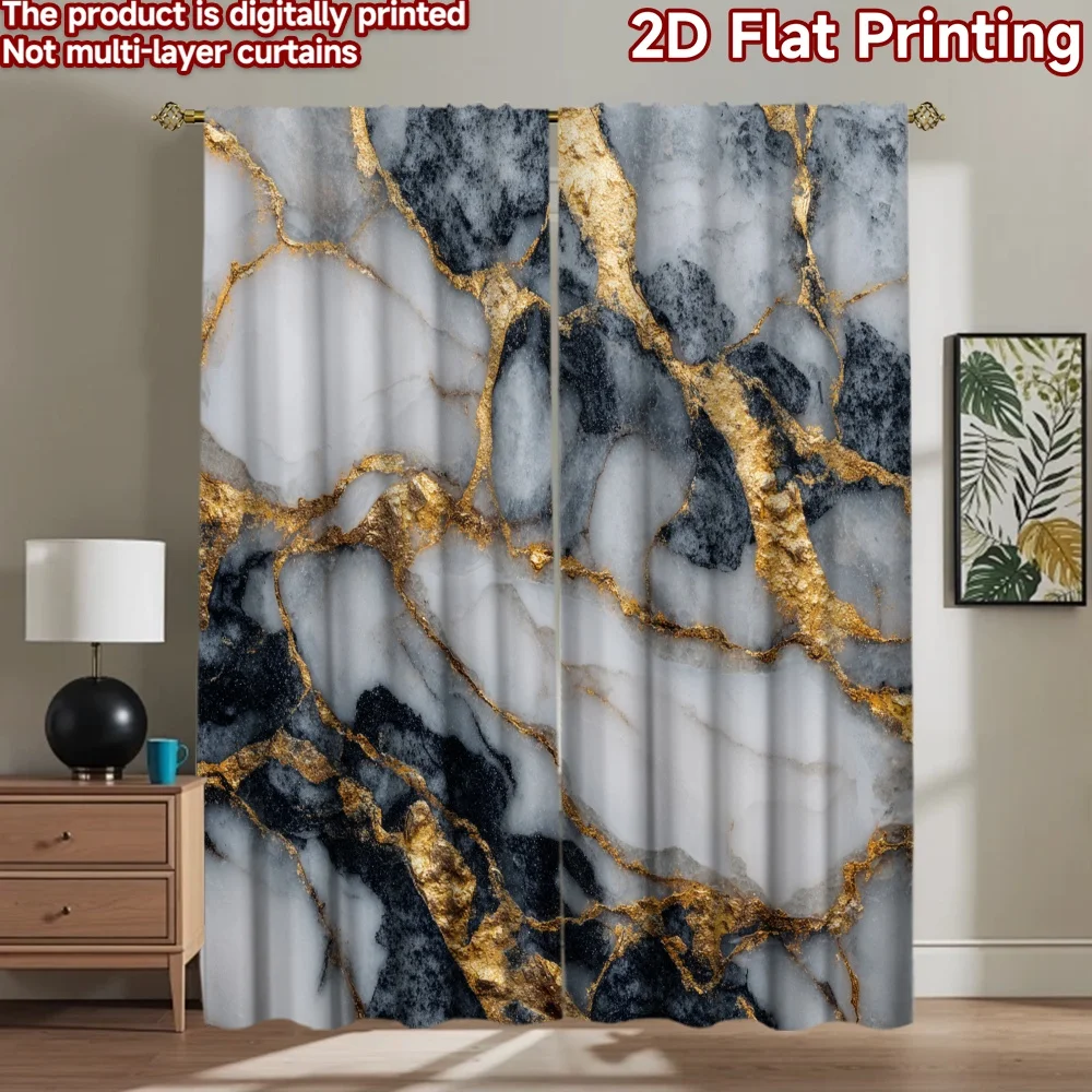 2D flat 2pcs Curtain Modern Minimalist Style Black White Gold Marble Digitally printed polyester Party & Holiday Decor Perfect