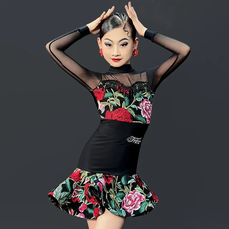 

2023 Girls Latin Dance Performance Clothes Rose Embroidery Dress Kids Cha Cha Ballroom Dance Competition Practice Dress DNV19087