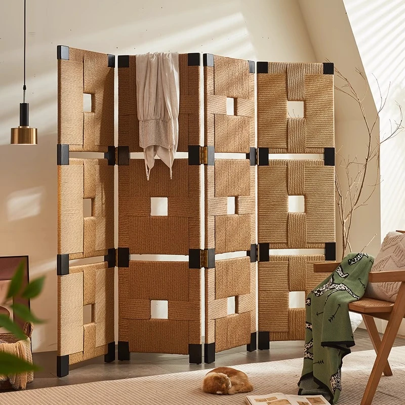 

Wabi Stillwind Banana Hemp Rope Weaving Solid Wood Rattan Screen Partition Living Room Entry Entrance Block Folding Screen