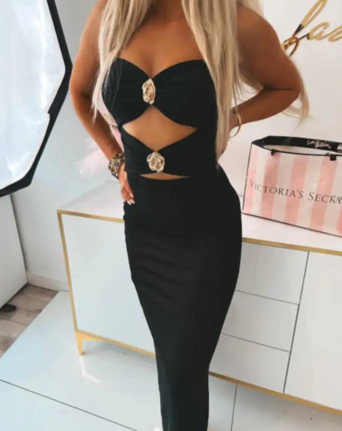 من المألوف بلون المنخفضة قطع الخامس الرقبة مثير الجوف خارج فتاة حار فستان محكم التفصيل 2025 صيف جديد الملابس النسائية