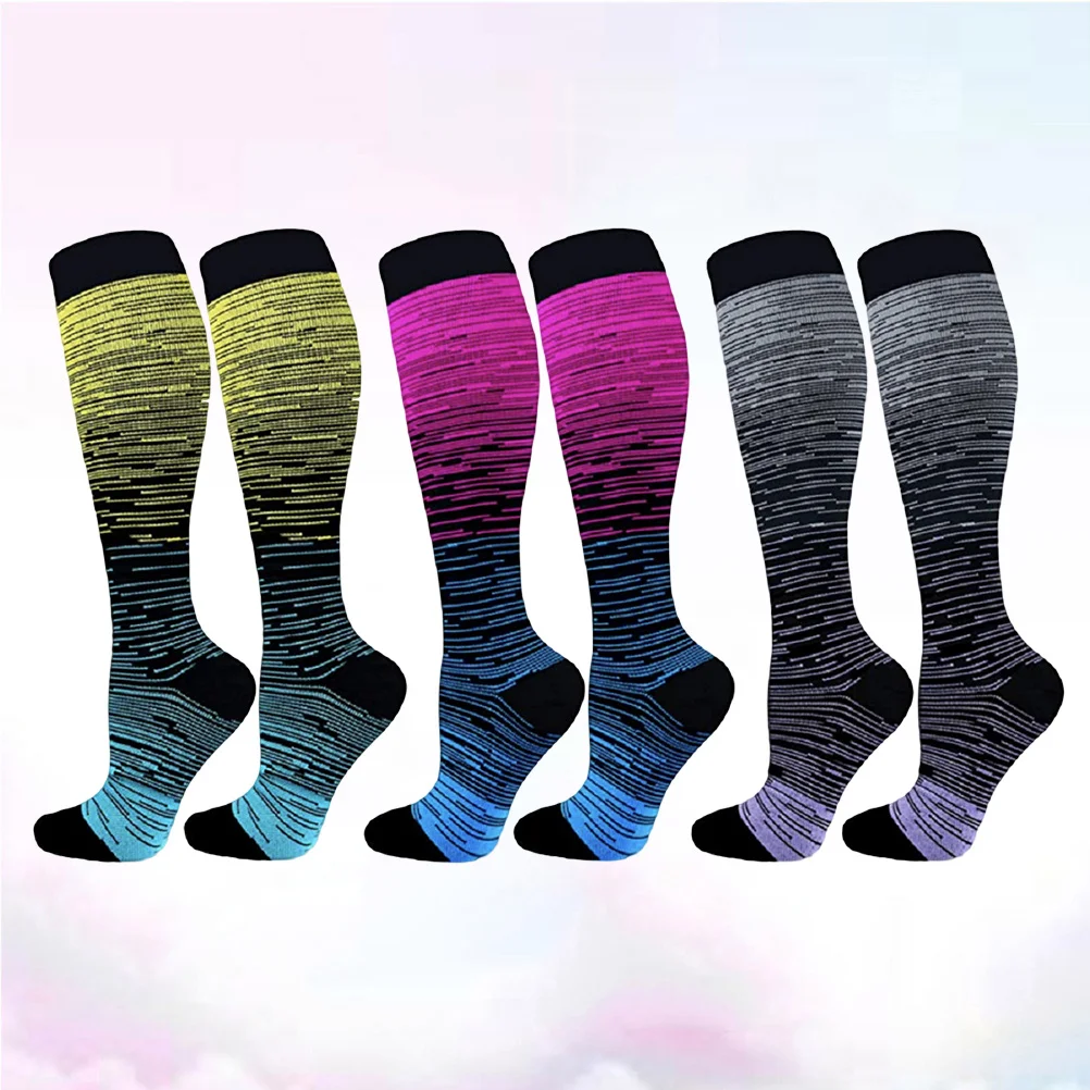 3 أزواج من الجوارب الضاغطة المصنوعة من النايلون الممتص للعرق ويمتص العرق لمماراثون الجري والرياضة باللون الوردي والرمادي والأصفر