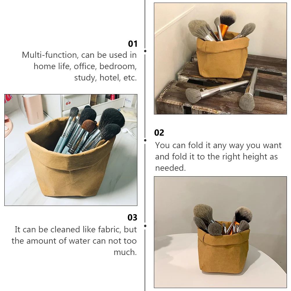 

Washable Kraft Paper Storage Basket Desktop Lipstick Holder Foldable Eco-Friendly Brown Multi-Functional Strong