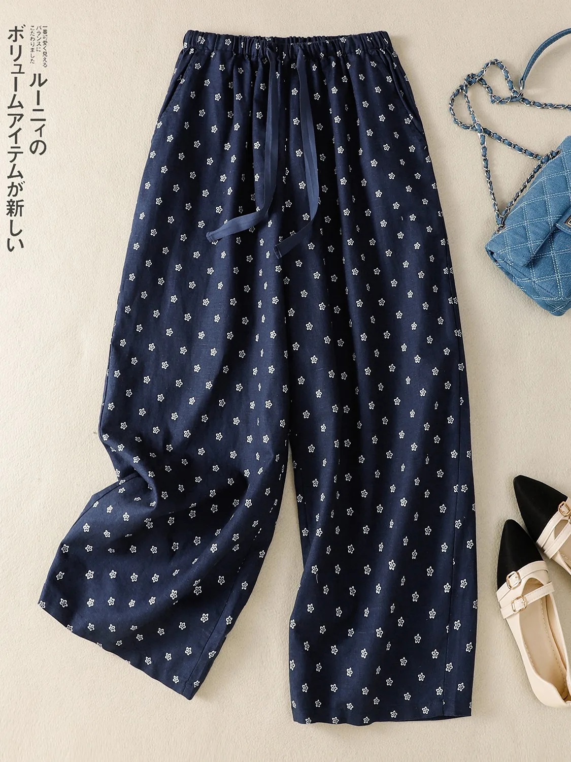 Cotton Linen Wide Leg Pants Women Summer Casual Drawstring Flower Youthful Looking Loose Fit Trousers Creative Personalized F...