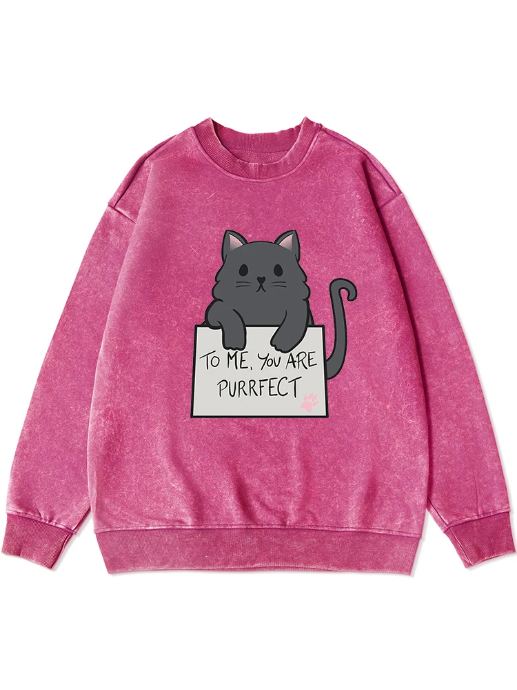 

Cat To Me You Are Purrfect Pattern Print Washed Hoodie Woman Warm Cotton Hoody Distressed Round Neck Street Casual Female Top