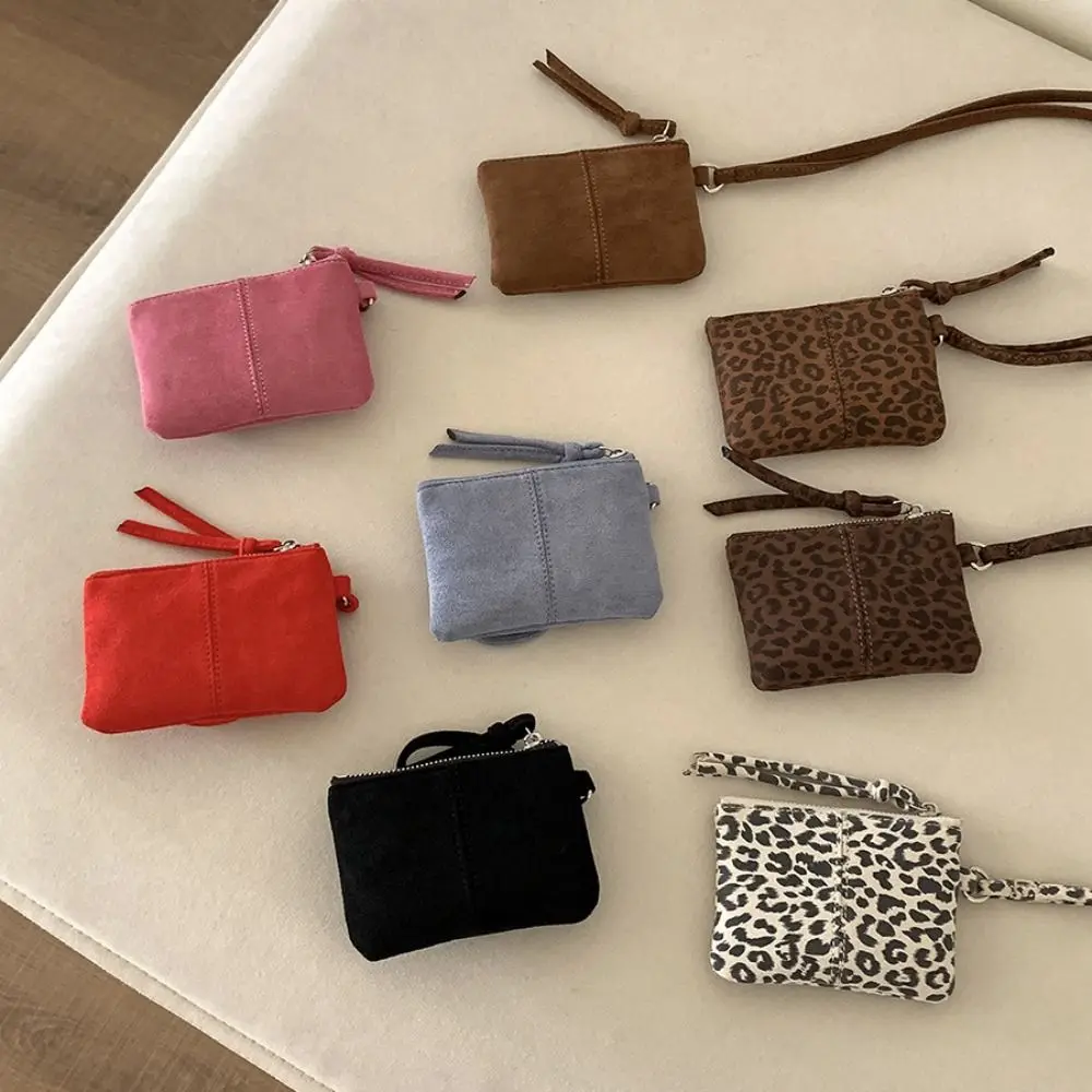 Leopard Print Suede Coin Purse Portable Lipstick Key Bag Women Shoulder Bag Mini Storage Bag Small Wallet Travel Neck Bag