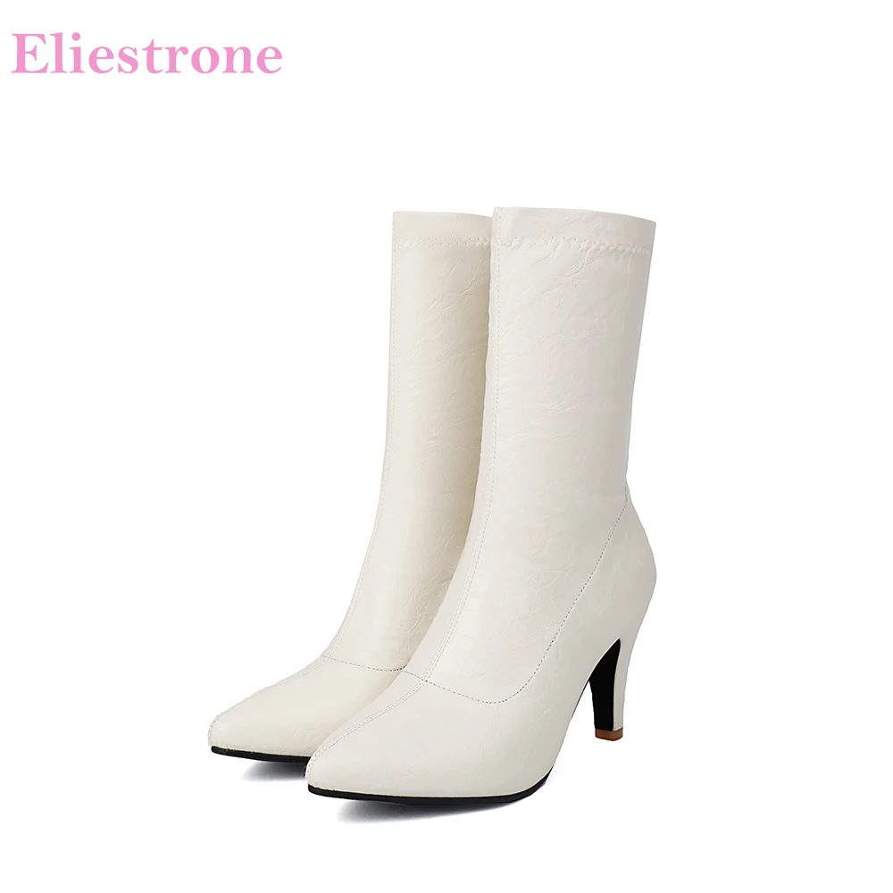 

2026 Spring New Concise White Black Women Mid Calf Boots Pointed Toe High Heels Lady Shoes Plus Small Big Size 10 33 44 40 47