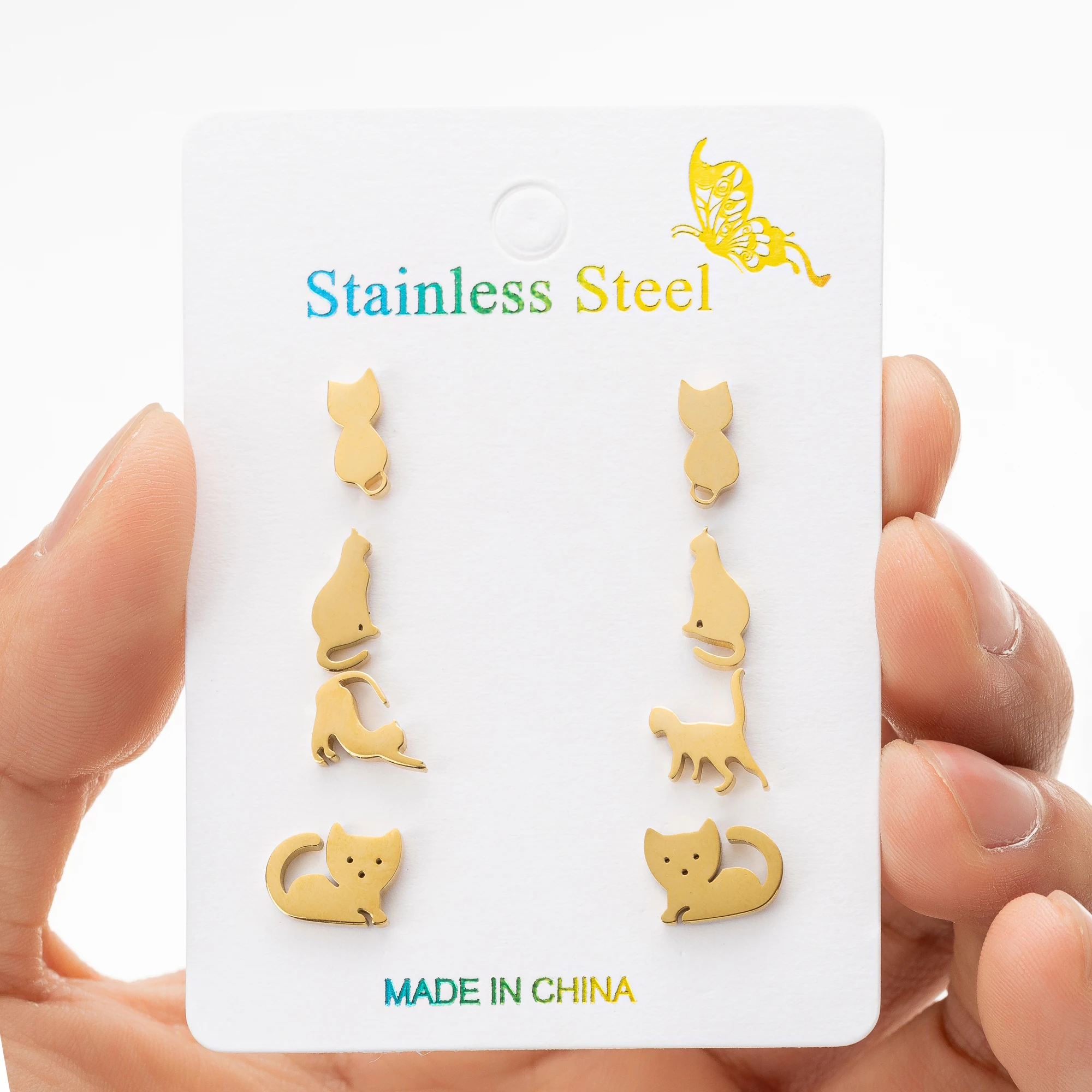 4pairs/lot الصغيرة الفولاذ المقاوم للصدأ القط الأقراط لطيف هريرة الحيوان أقراط كوريا نمط الفتيات الأذن مجوهرات اكسسوارات