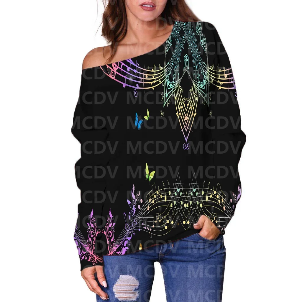 Women's Off Shoulder Sweater Retro Butterfly 3D Printed Women Casual Long Sleeve Sweater Pullover