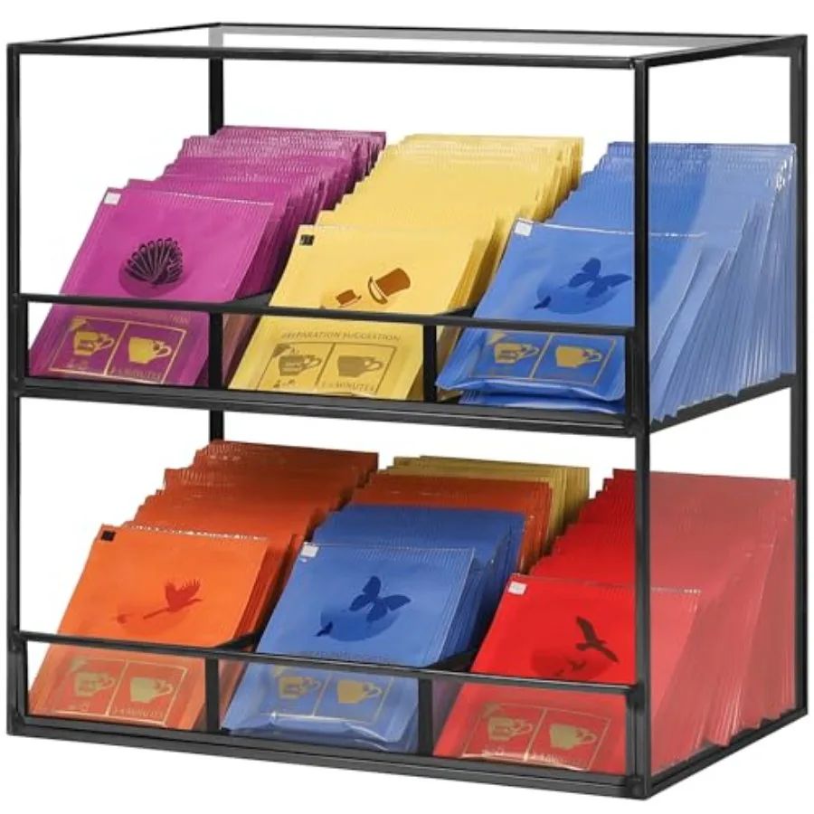 

Glass Tea Bag Organizer for Counter, 2-Tier Teabag Organizer Storage Holder for Tea Bags, Glass Caddy Box Containers, Rack Teab