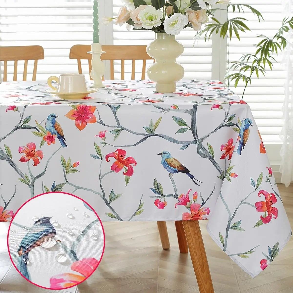 Spring Flower Bird Branches Printed Waterproof Tablecloth Wedding Party Decor Summer Plant Tablecover Outdoor Picnic Table Decor