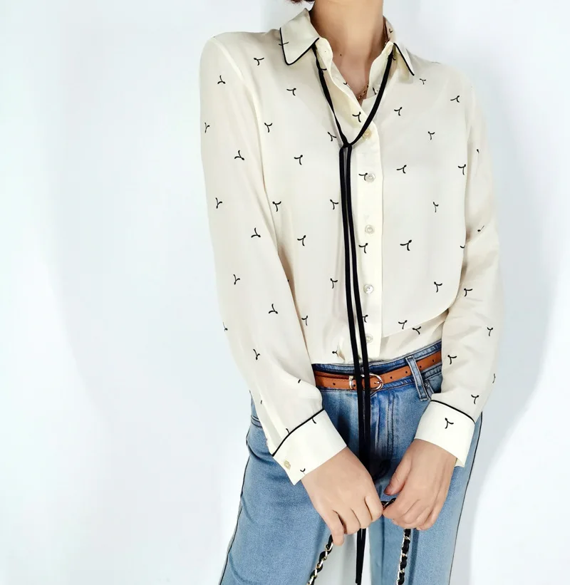 Birdtree 100%Real Silk Women Lace-up Shirt Bow Collar Vintage Print Long Sleeve Commute Blouse Office Lady 2024 Spring T41115QM