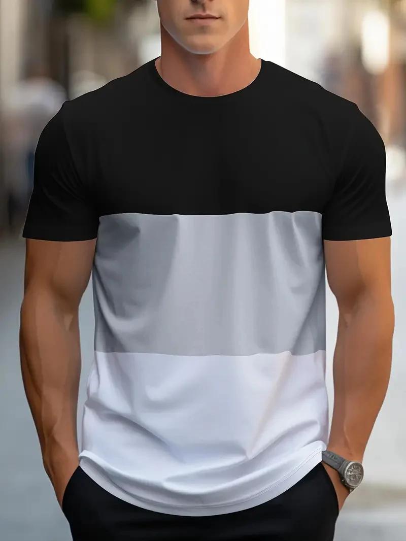 Men Color Block T‑Shirt Black Grey White Horizontal Stripe Short Sleeve Crew Neck Casual Street Tops
