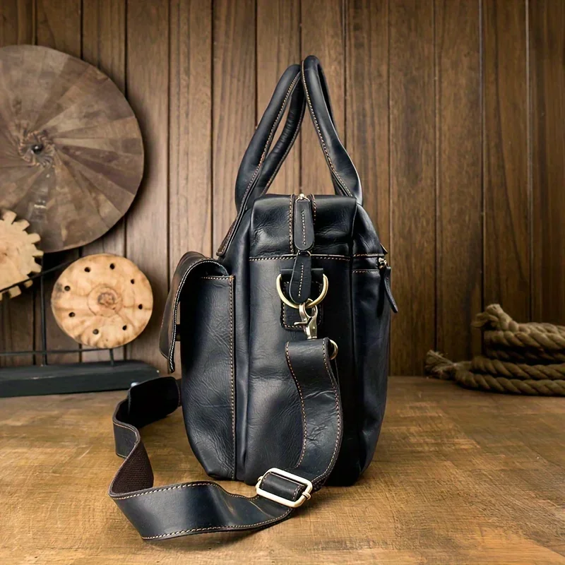 Bolso para ordenador portátil de cuero de vaca auténtico de alta calidad para hombre, maletín de viaje y bolso de mensajero, bolso de cuero de negocios