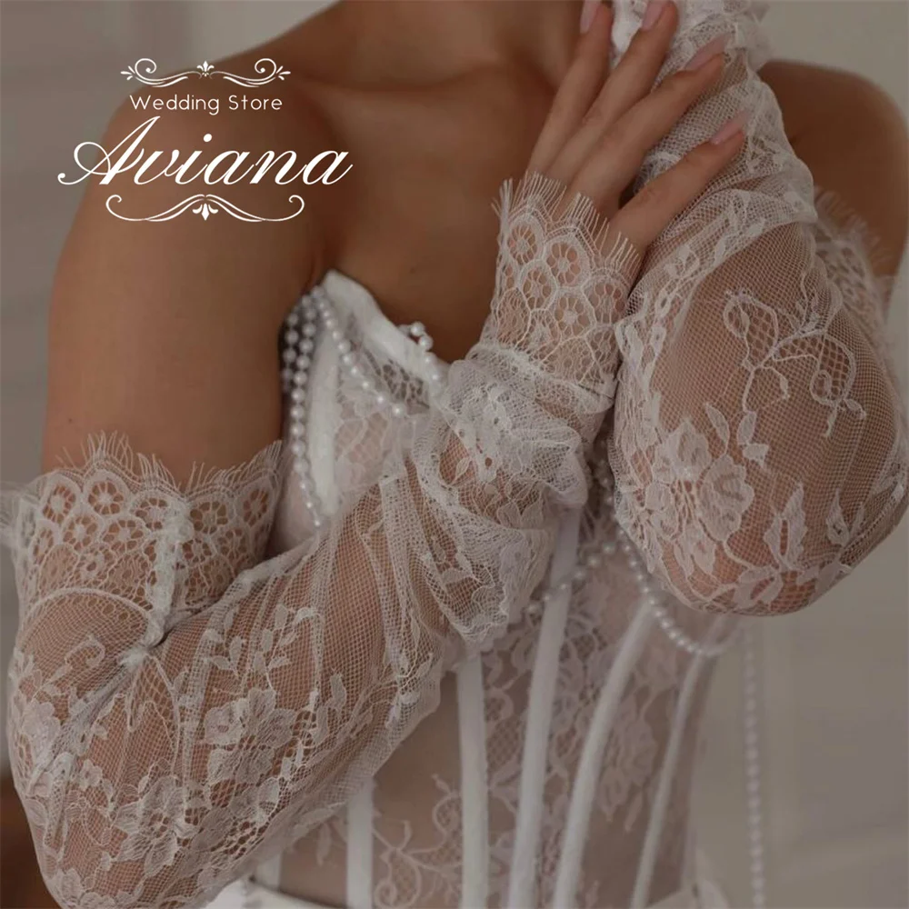 아비아나 맞춤형 스트랩리스 레이스 자수 머메이드 웨딩드레스 하이 슬릿 슬리브리스 러플 진주 비딩 스트레인 보트넥