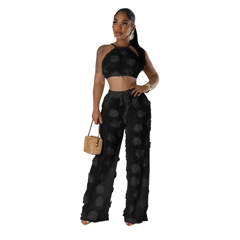 EINY Women Knitted Set 3D Flower Sleeveless Strap Tops Wide Leg Pants Two 2 Piece Sets Outfit Perspective Summer Sexy Streetwear