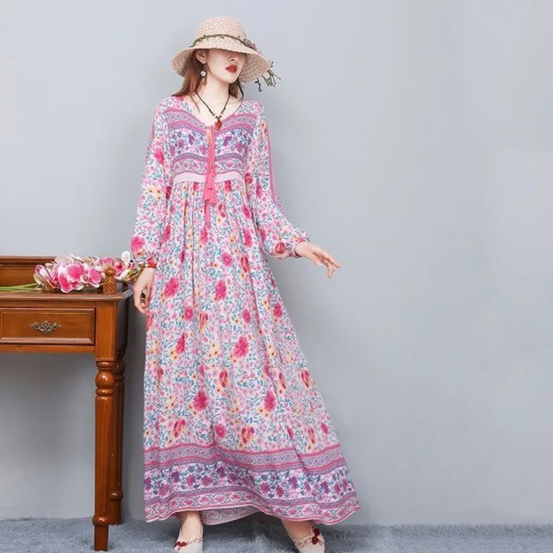 Vintage Women\'s Beach Skirt Dress Long Sleeve Floral Print Beach Bohemian Straight V-neck Maxi Dress Summer Ladies Dress