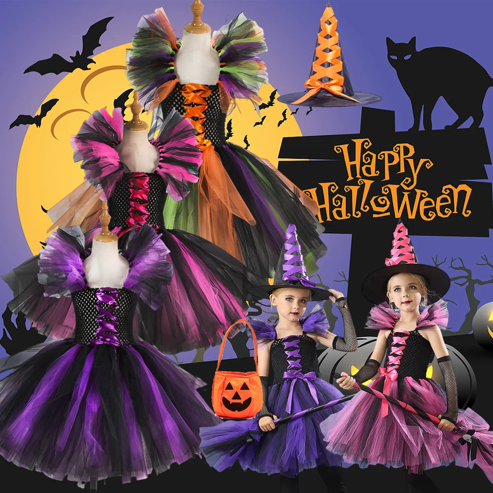 Halloween Costumes Girls Witch Dress Purple Mesh Patchwork Dress Carnival Easter Clothes Party Dresses Up Witchs Hat Broom 2024