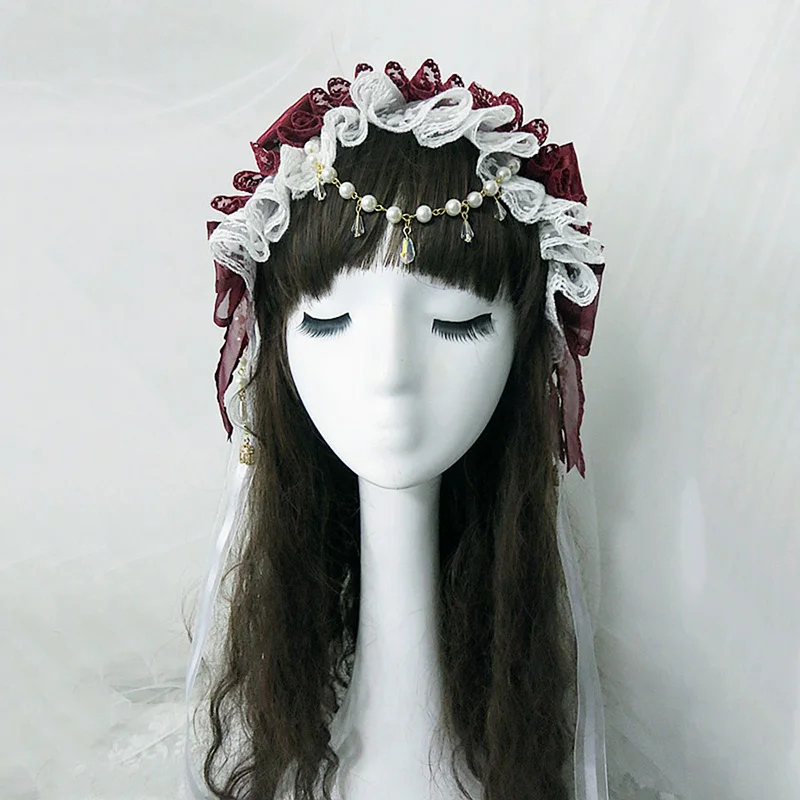 Gothic Lolita Lace headband bead chain Bow headband bow  Retro Dark Red Hair clip Women Cosplay Headwear