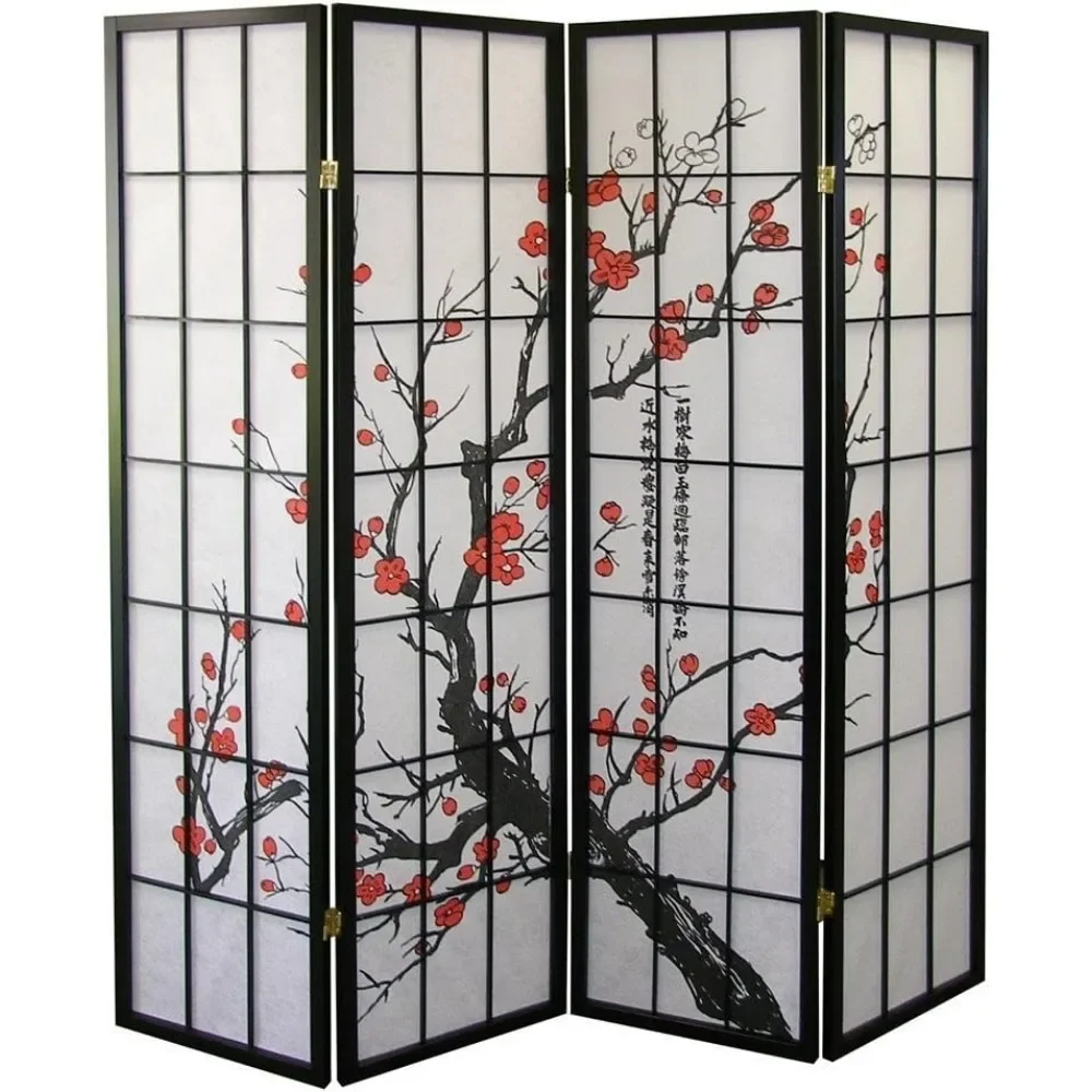 Partition Screen Black 4-Panel Screen Room Divider Plum Blossom Room Dividers Privacy Wall Decor Aesthetics Panels Balcony Home