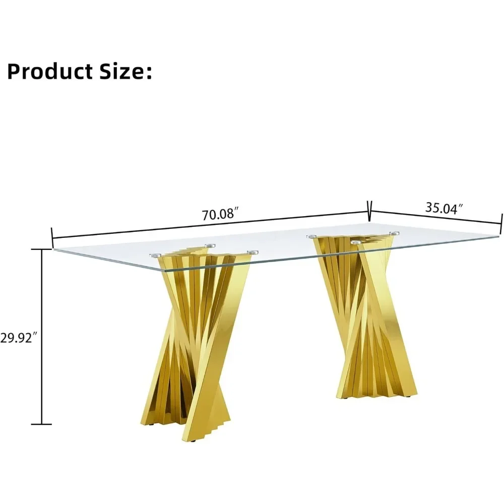 Mesa de jantar de vidro de 70 polegadas para 6-8 pessoas mesa de jantar retangular com base de aço inoxidável espelhada dourada