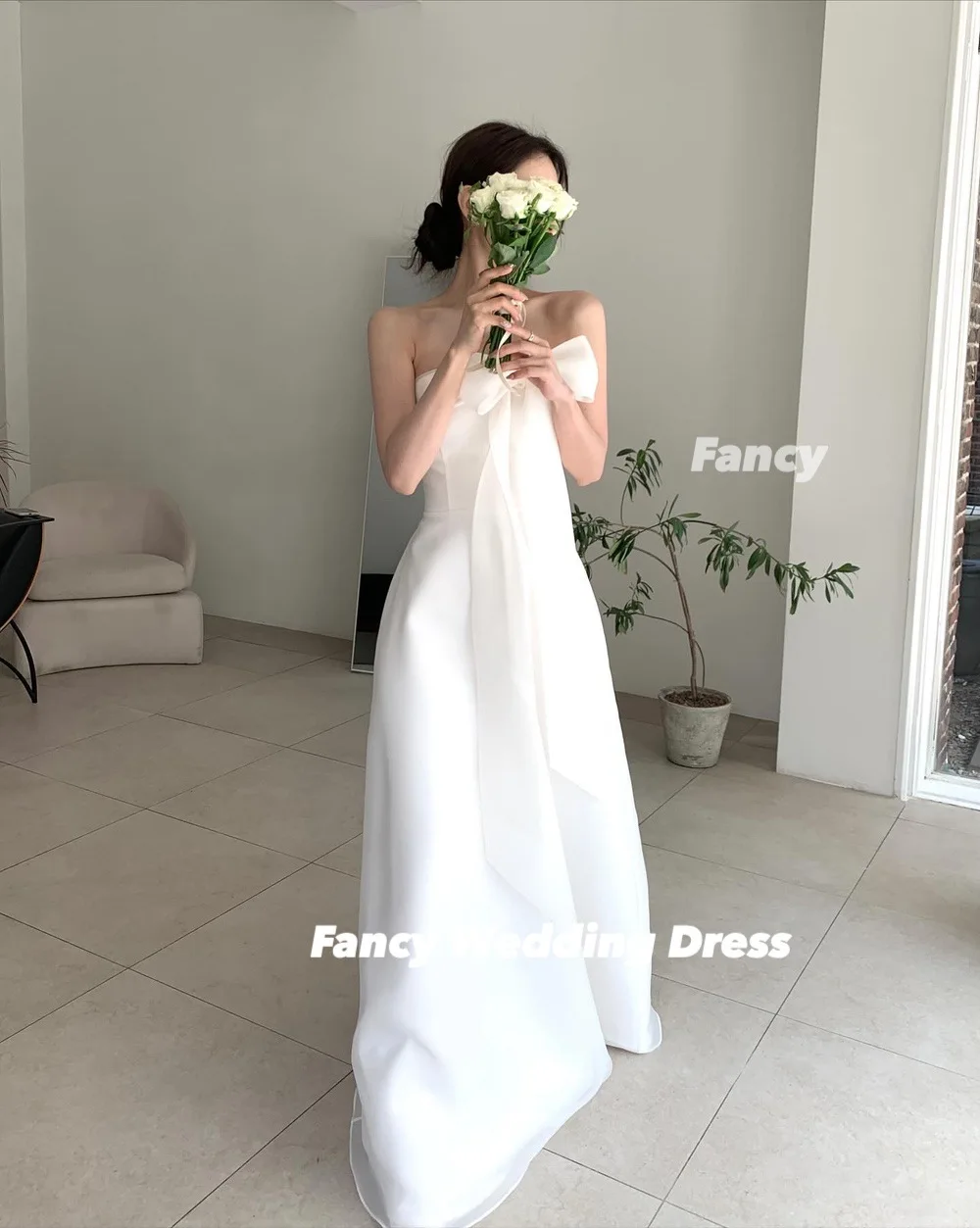 Fancy Simple Korea A Line Wedding Dress Photo Shoot Strapless Organza Removable Bow Prom Gown Back Corset Customized 웨딩드레스