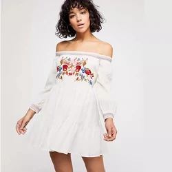 Bohemian Floral Embroidery Dress, Euro-American Shirt Dress, One-Line Shoulder