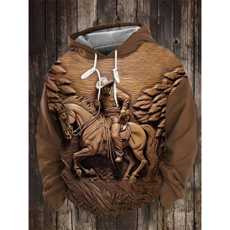 Vintage Embossed Horse Pattern Hoodie For Men Fashion Casual 3D Animals Printed Long Sleeve Sweatshirts Loose Comfort Pullovers