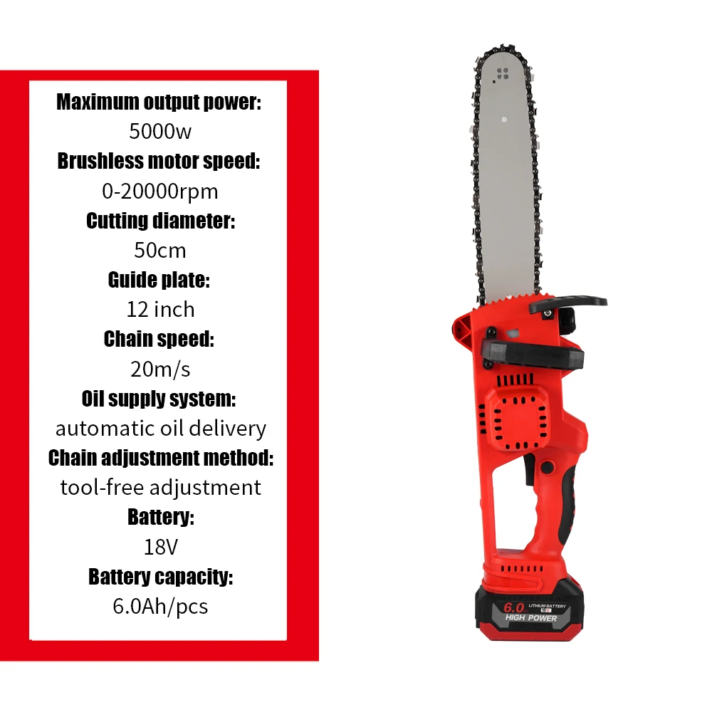 ONEVAN 12 Inch Brushless Electric Chain Saw 5000W Cordless Battery Chain Saw Portable Woodworking Tool For Makita 18V Battery