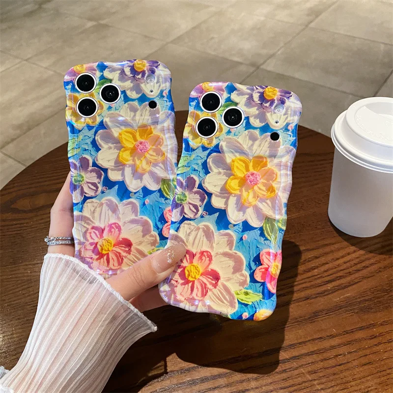 Luxuriöse blaue helle Ölgemälde, bunte Blumenmuster, gewellte Handyhülle für iPhone 17, 16, 15, 14, Pro Max, stoßfeste Stoßstangenabdeckung