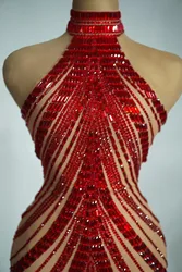 Sparkly Red Rhinestones Sleeveless Short Dress Women Sexy See Through Party Celebrate Birthday Dress Photography Wear Stage Wear