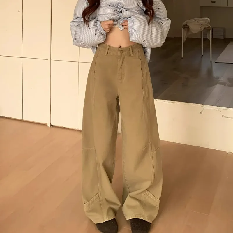 Blue Jeans Women'S Trousers Cargo Pocket Military Utility Work Wear Relaxed Loose Green Brown Trouers Khaki Boyfriend Washed