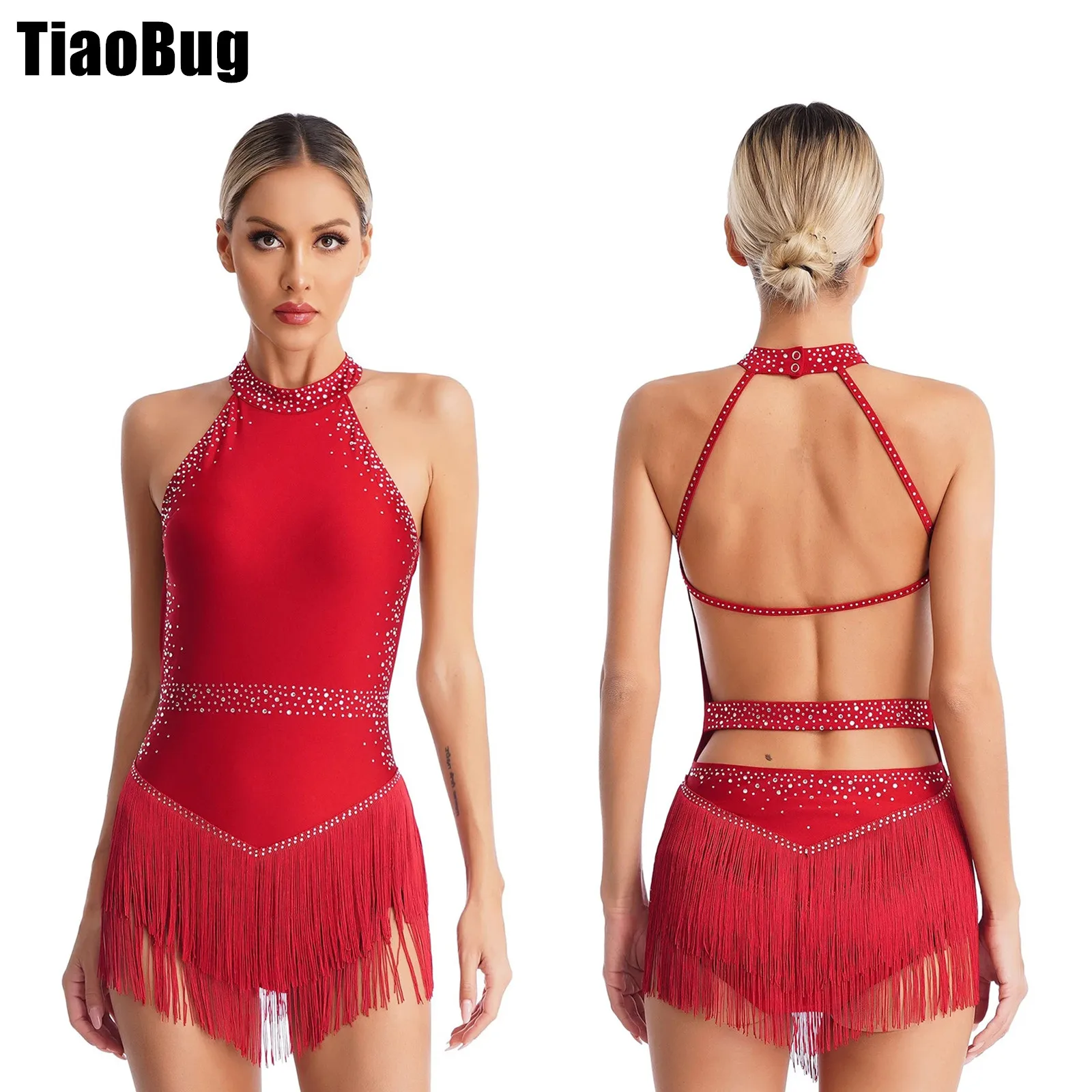 

Womens Tassel Latin Dance Leotard Sleeveless Backless Fringe Shiny Rhinestones Bodysuit Ballroom Tango Salsa Dance Costume