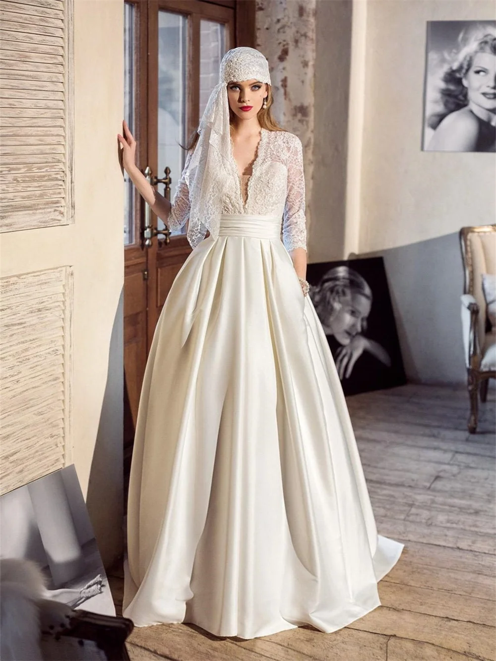 

Sexy Deep V-neck Bridal Dress 2024 Simple A-line Wedding Dress Graceful Long-sleeved Floor-length Dress Vestidos De Novia