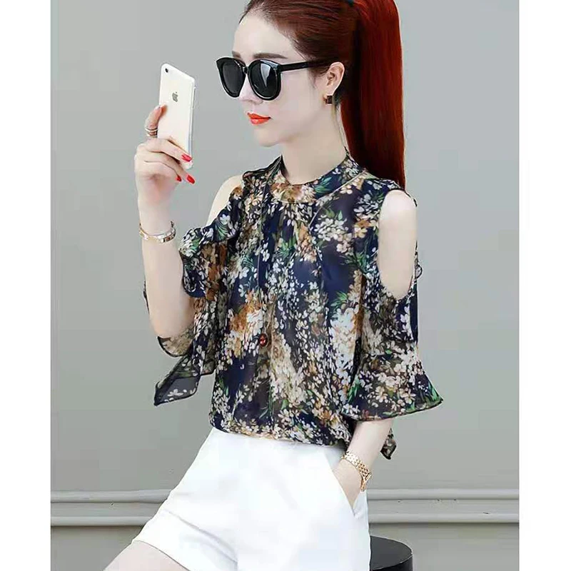 Fashion Printed Off Shoulder Flare Sleeve Floral Blouses Women Clothing 2024 Summer New Loose Elegant Tops Office Lady Shirts