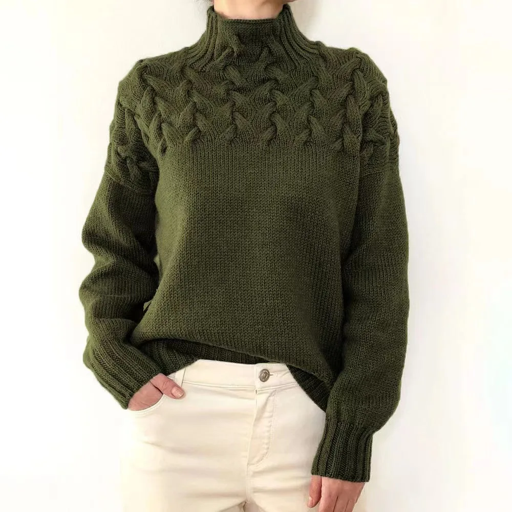 Suéter de punto de manga larga para mujer, blusa informal de cuello alto, Color sólido, otoño e invierno, nueva moda