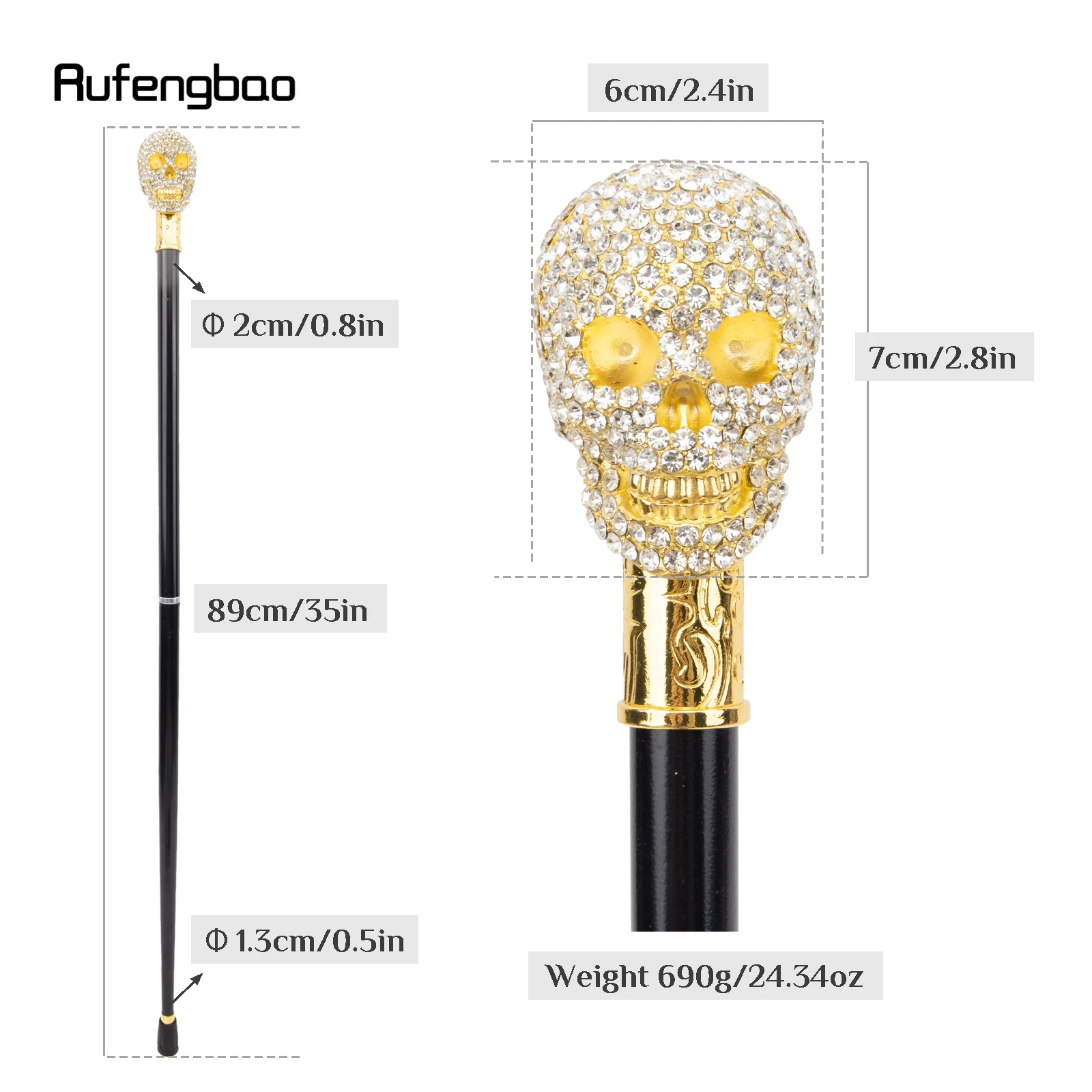 Artificial White Diamond Skull Walking Cane Fashion Decorative Walking Stick Gentleman Elegant Cosplay Cane Knob Crosier 90cm