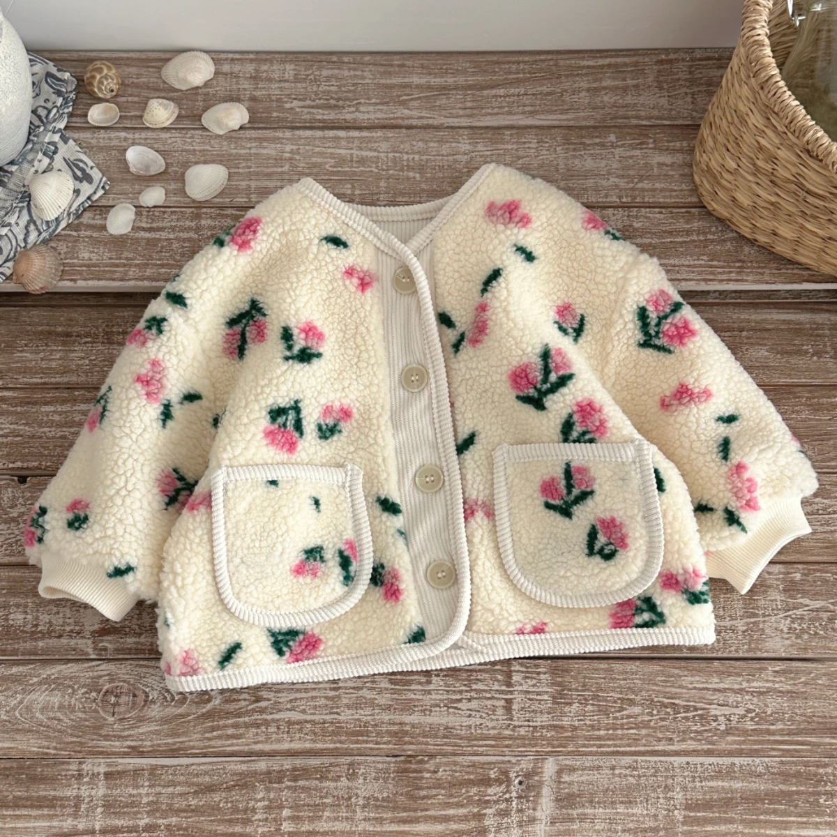 Infant Floral Sherpa Fleece Jacket Baby Girls Warm Cardigan Single Breasted Coat With Pockets Autumn Outerwear