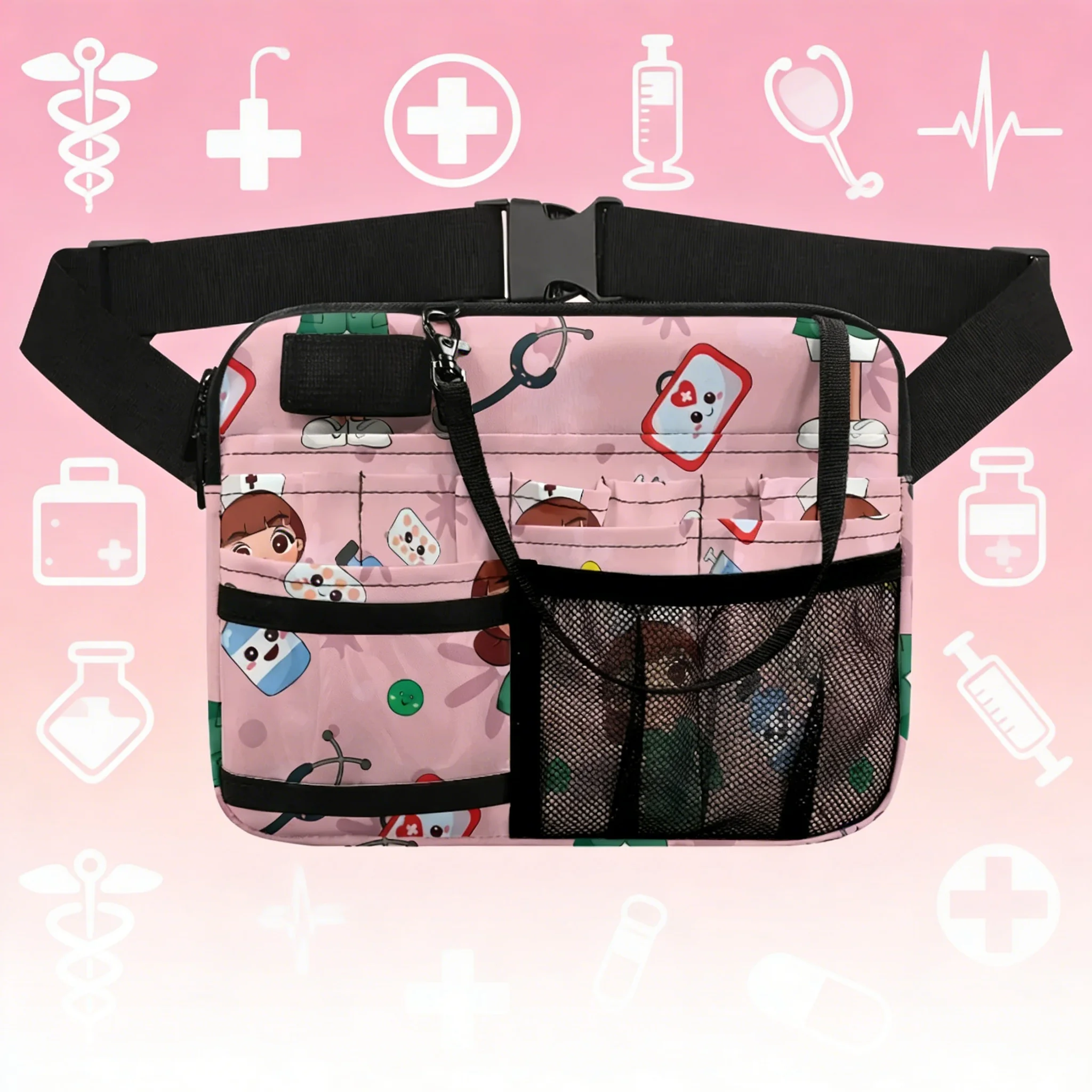 Cartoon Nurse Cat Print Waist Bag, Multi-Pocket Fanny Pack for Healthcare Workers, Portable Medical Utility Pouch