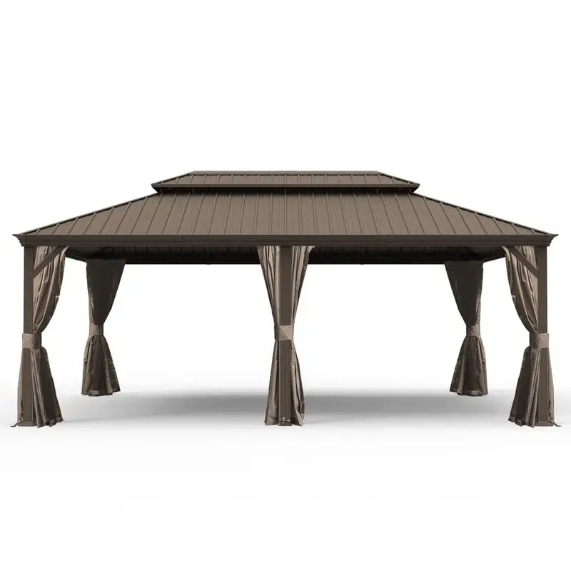 

14x20 Hardtop Gazebo, Upgraded Metal Canopy with Drainage, Dual-Layer Galv Steel Roof, Includes Curtains & Netting, Outdoor