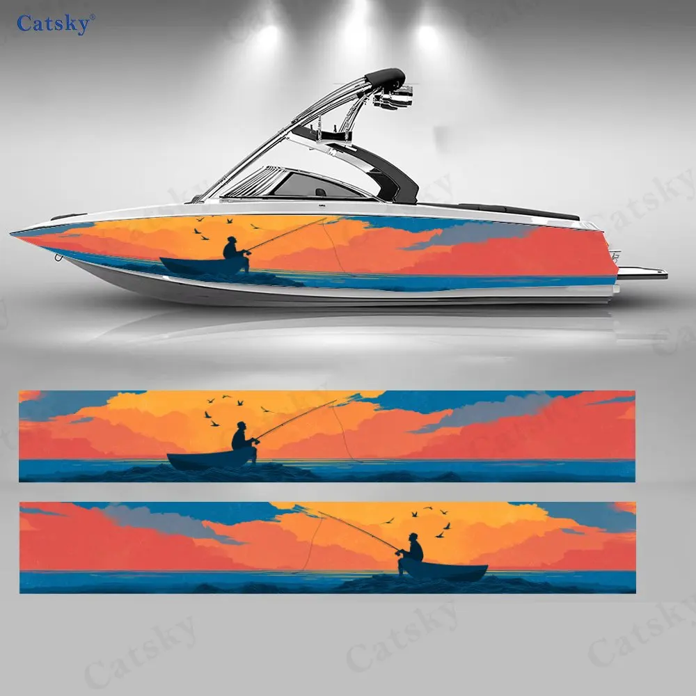 

Orange-Blue Sunset Fisherman Boat Stickers, PVC Waterproof Vinyl Wrap Decals for Fishing Boats, Durable and Stylish Design