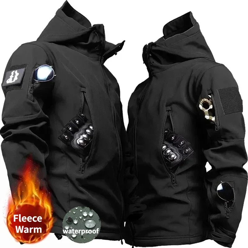 Winter Fleece Waterproof and Warm Men\'s Jackets Shark Skin Military Tactical Hooded Coat Mens Outdoor Multi Pocket Zipper Jacket