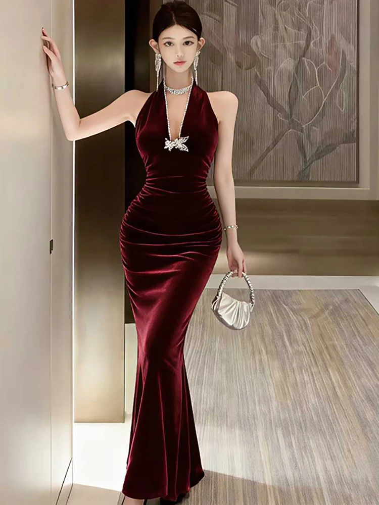 Feminino vermelho veludo chique diamantes pescoço-montado sexy vestido longo outono inverno elegante festival vestido 2025 coreano vestido de festa de luxo