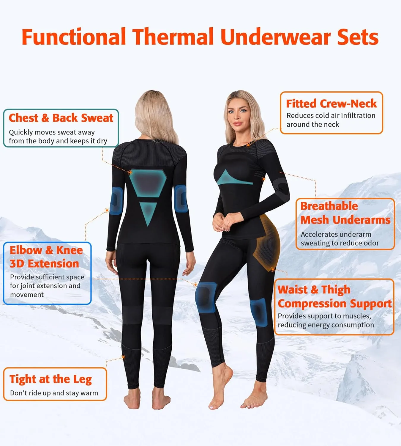 Anfilia Damen Ski-Thermo-Unterwäsche-Sets Feuchtigkeitsableitend & Schnelltrocknend Eng Anliegender Rundhalsausschnitt Nahtlos Gestrickte Basisschicht Lange Unterhosen – Detail 7