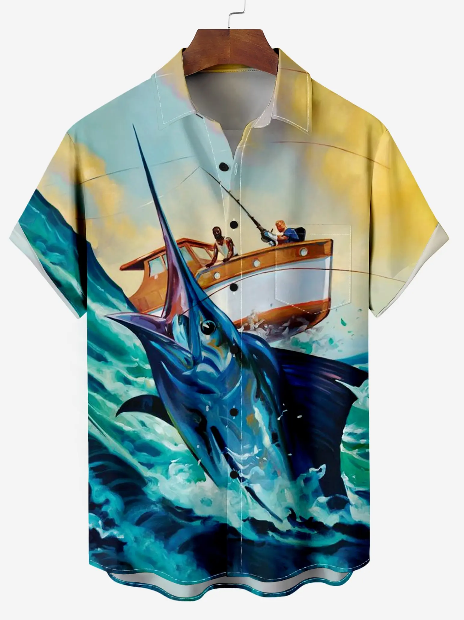 Men's Comfortable Breathable Hawaiian Fishing Print Shirt Mens Short Sleeve Shirt Summer Loose Beach Oversize Tee Shirt For Boy